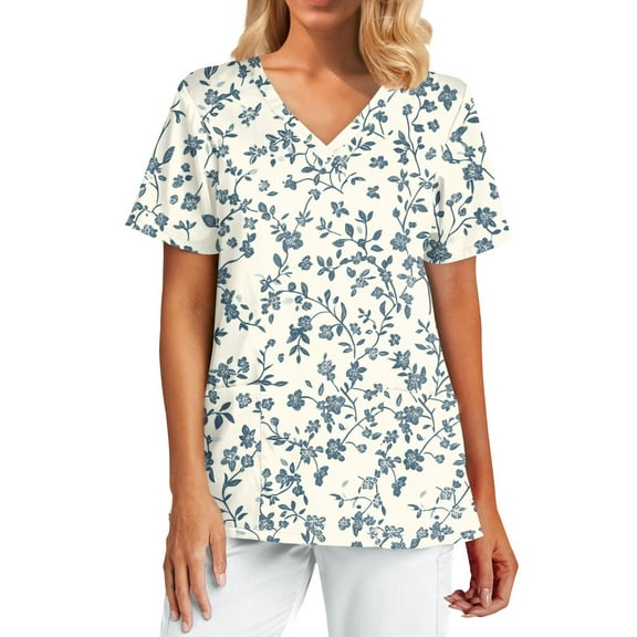 Nurse Scrubs for Women,Womens Workwear Tops - Durable Scrub Tops with Reinforced Shoulders & Pockets - Blue - XL