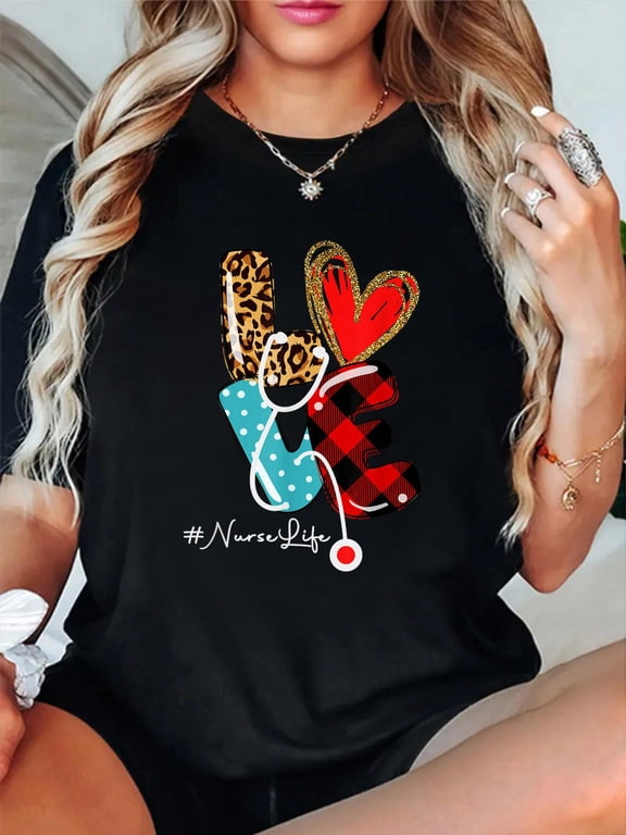 Nurse Shirt NurseLife RN LPN Healthcare Heart Nurse Life T-Shirt casual short sleeve crew neck cotton tee tops for women