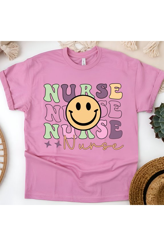 Nurse Smiley Face Graphic T-Shirt for Women, Retro Pastel Tee, Azalea, Size S