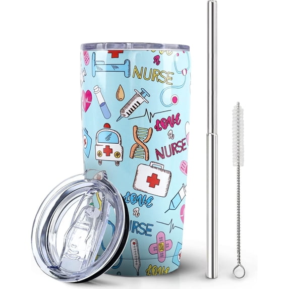 Nurse Stainless Steel Tumbler with Straw and Lid-Double Wall Vacuum Sporty Thermos Insulated Travel Coffee Mug - Birthday, Graduation, thank-you Gifts for Nurses, Nursing Student-Blue