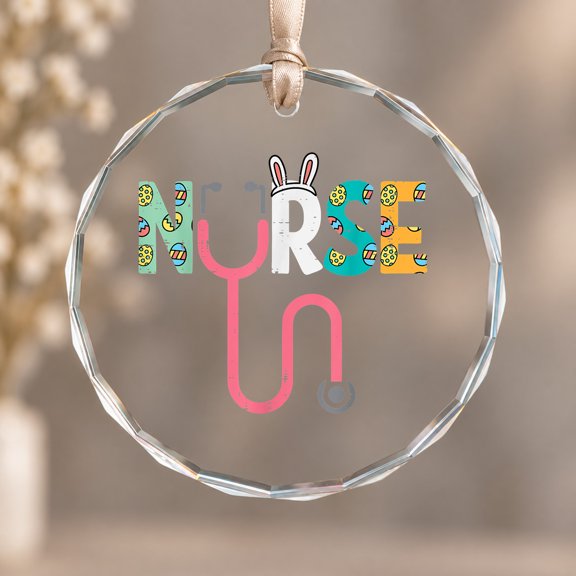 Nurse Stethoscope Bunny Ears Scrub ER RN Nicu Pacu Theme Ornament, Party Decor, Circle Glass Ornament