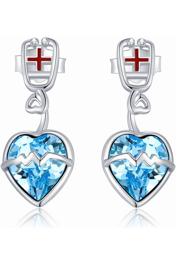 Nurse Stethoscope Earrings with Blue Crystal Sterling Silver Heart Earrings Gifts for Nurse Doctors Medical Students.