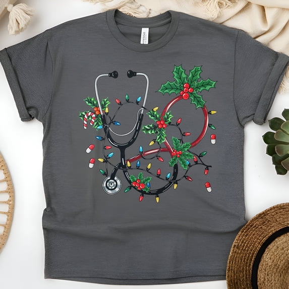 Nurse Stethoscope Graphic T-Shirt | Medical Lights and Holly Design Tee, Dark Heather, Size 3XL