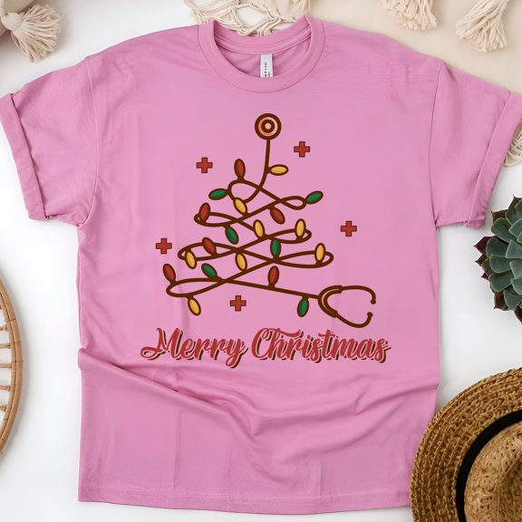 Nurse Stethoscope Tree Graphic T-Shirt for Men and Women, Unisex Casual Tee, Azalea, Size M