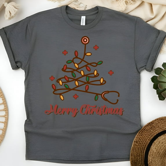 Nurse Stethoscope Tree Graphic T-Shirt for Men and Women, Unisex Casual Tee, Dark Heather, Size S