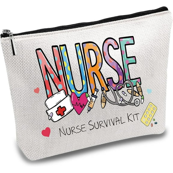 Nurse Survival Kit Bag Cosmetic Multi-Purpose Makeup Bag Canvas Pen Case Toiletry Funny Travel Bag With Zipper Supplies Gifts For Nursing Practitioner Thanksgiving 10 x 7 Inch