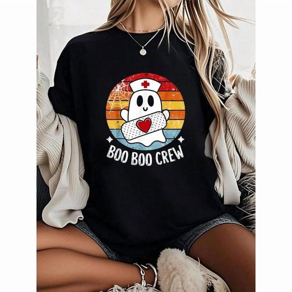 Nurse T-Shirt Boo Boo Crew Cotton Halloween Costume Round Neck Short Sleeve Tee Black S-5XL