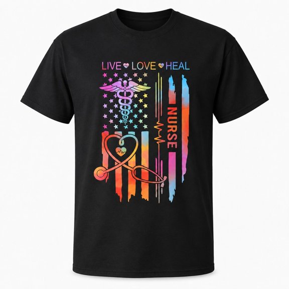 Nurse T-Shirt Live Love Heal Watercolor Flag Caduceus Nurse Week Gift Unisex Tee