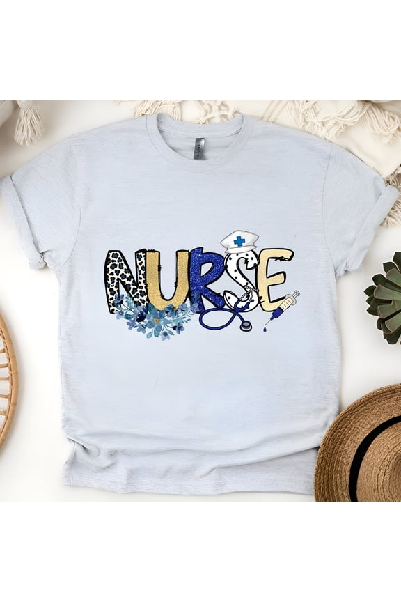 Nurse T-Shirt with Blue Floral and Medical Icons | Women’s Graphic Tee, Ash, Size 3XL