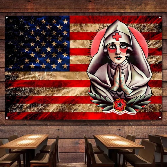 Nurse Tattoo Art Vintage American Flag 38" x 57" Wall Art Poster Prints Home Decor Banner