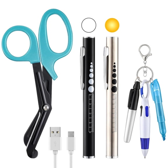 Nurse Tool Set, Rechargeable Pen Light with Two LED Light Sources and Pupillometer, 6 Inch with Scissors and Highlighter(Blue)