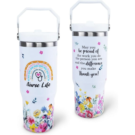 Nurse Tumbler 30 oz Tumbler with Handle Flip Straw Leak Proof - Best Nurse Ever 30oz Tumbler Travel Coffee Mug with Handle - Nurse Gifts for Women Birthday Nurse Day 30 Ounce Stainless Steel Cup
