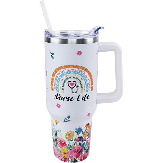 Nurse Tumbler 40 oz Tumbler with Handle and Straw Lid Leak Proof | Best Nurse Ever Coffee Travel Mug with Handle Insulated for Hot and Cold Drink, Nurse Gifts for Women Birthday Stainless Steel Cup