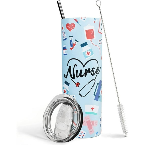 Nurse Tumbler with Lid and Straw- Nurse Gifts for Women, Men -Blue Cute Nurses Mug, Cup, Water Bottle, Skinny Tumbler - Thermal Insulated Tumblers 20 Oz - Nurse Stuff, Nurse Accessories for Work