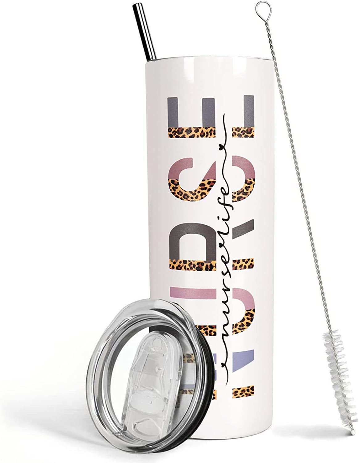 Nurse Tumbler with Lid and Straw,Nurse Life Cup School Leopard Nurse Coffee Mug,Cup,Water Bottle,Skinny Tumbler,Nurse Gifts for Women， 20 Oz Stainless Steel Insulated Tumbler