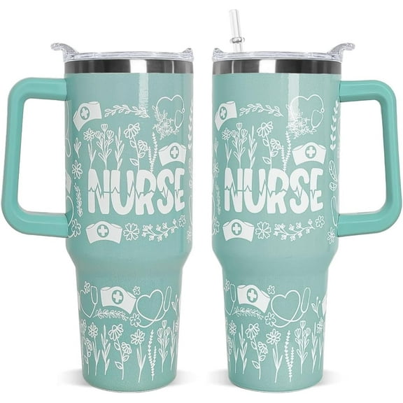 Nurse Tumbler with Handle & Straw - 40 oz Coffee Mug Gift for Women, Graduation, Appreciation, Nurses Week