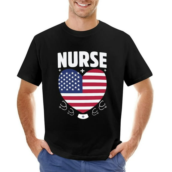 Nurse US Flag Heart Men’s Graphic T-shirt Vintage Short Sleeve Sport Tee Black 4XL
