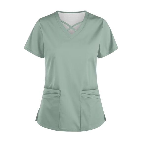 Nurse Uniform Scrub Tops Solid V-Neck Medical Women Two Pocket Lab Spa Beauty Short Sleeve Shirt Workwear L Polyester