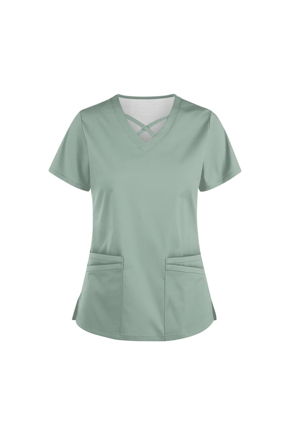 Nurse Uniform Scrub Tops Solid V-Neck Medical Women Two Pocket Lab Spa Beauty Short Sleeve Shirt Workwear M Polyester