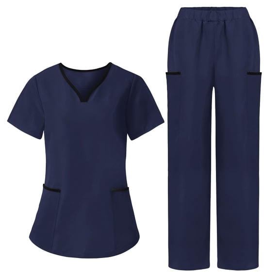 Nurse Uniform for Women 2 Piece Color Blocked Short Sleeve V-neck Pocket Trousers Casual Caregiver Uniform Set