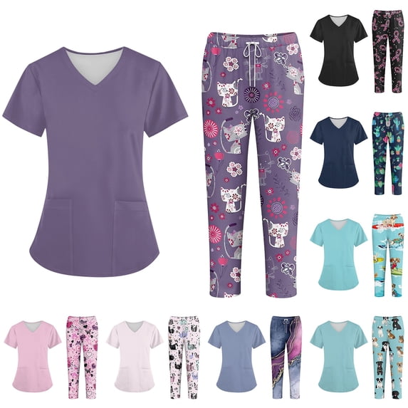 Nurse Uniforms Set Short Sleeve V Neck Solid Medical Scrub Tops and Wide Leg Jogger Floral Pants, XL