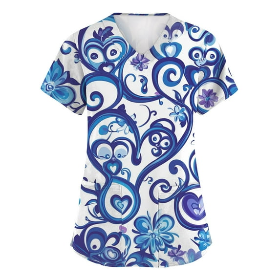 Nurse Uniforms Women,Animal Ribbon Print Nurse Tops - Stretchy V-Neck Scrub Shirts with Hidden Pen Pocket - Royal Blue - XXXXXL