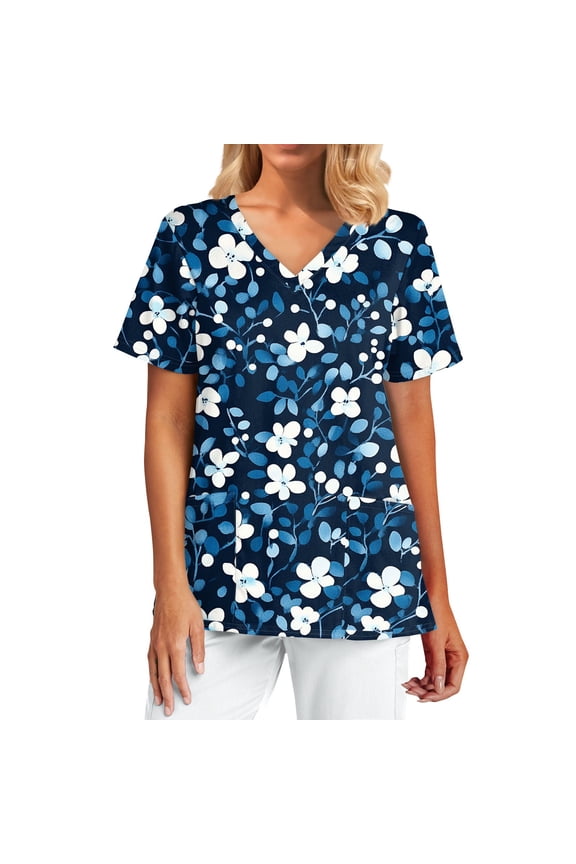 Nurse Uniforms Women,Fashion Scrubs Tops Short Sleeve with 2 Pockets - Lightweight Medical Uniform Blouse for Healthcare - Dark Blue - L