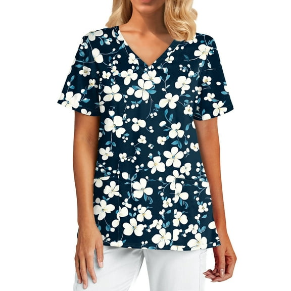 Nurse Uniforms Women,Fashion Scrubs Tops Short Sleeve with 2 Pockets - Lightweight Medical Uniform Blouse for Healthcare - Navy - XL