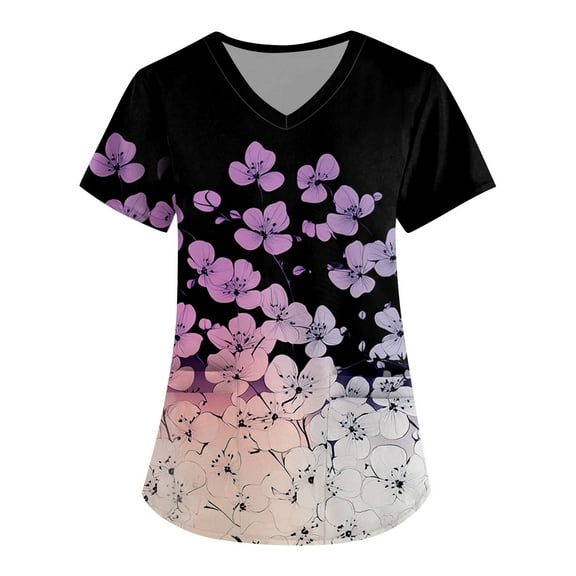 Nurse Uniforms Women,Floral Print Medical Tops - Moisture-Wicking V-Neck Scrub Top with Cargo Pockets - Light Purple - L