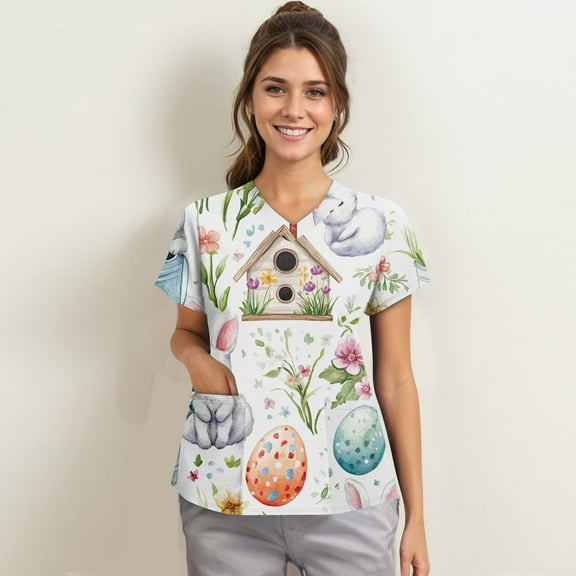 Nurse Uniforms Women，Scrub Tops for Women Short Sleeve V Neck Working Nurse Uniform Plus Size Easter Printed Medical Shirt，Army Green，L