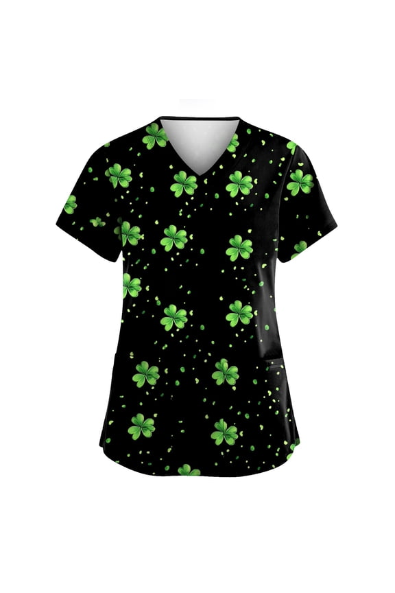 Nurse Uniforms for Women Summer Irish Shamrock Printed V Neck Breathable Scrub Tops Short Sleeve Professionals Soft Stretch St. Patrick's Day T-Shirts with Pockets dark green XX-Large