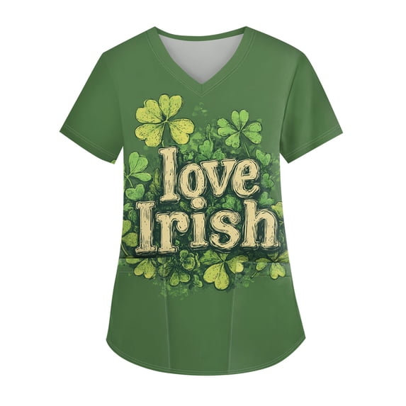 Nurse Uniforms for Women Summer Irish Shamrock Printed V Neck Breathable Scrub Tops Short Sleeve Professionals Soft Stretch St. Patrick's Day T-Shirts with Pockets dark green XX-Large