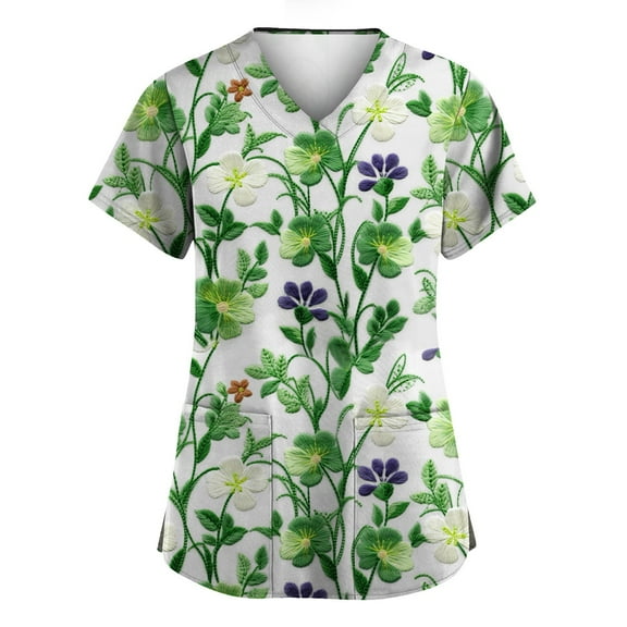 Nurse Uniforms for Women Summer Irish Shamrock Printed V Neck Breathable Workwear Shirt Short Sleeve Professionals Soft Stretch St. Patrick's Day Scrub Tops with Pockets light green XX-Large