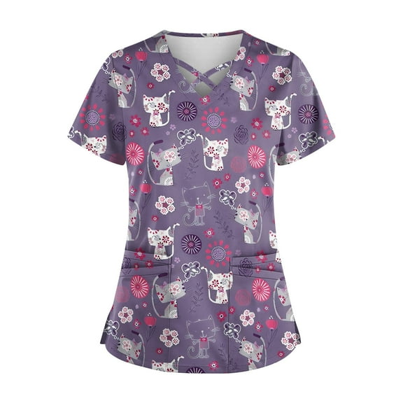 Nurse Uniforms for Women Summer Love Heart Printed V-Neck Breathable Scrub Tops Short Sleeve Professionals Soft Stretch Valentine's Day Workwear Shirt with Pockets purple X-Large