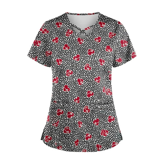 Nurse Uniforms for Women Summer Love Heart Printed V Neck Breathable T-Shirts Short Sleeve Professionals Soft Stretch Valentine's Day Scrub Tops with Pockets gray X-Large