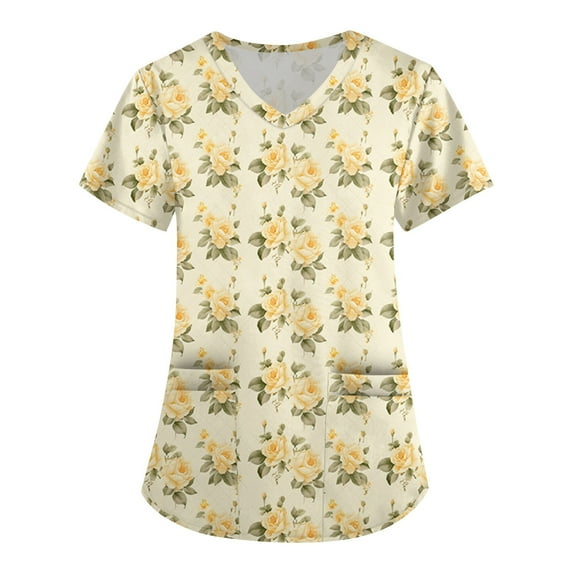 Nurse Uniforms Women,V-Neck Scrub Tops with Floral Print - 2-Pocket Stretchy Scrubs with Convertible V-Neck - Earthy Yellow - XXL