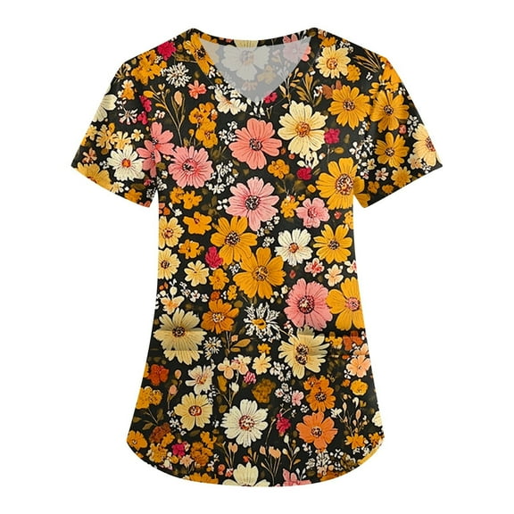 Nurse Uniforms Women,V-Neck Scrub Tops with Floral Print - 2-Pocket Stretchy Scrubs with Convertible V-Neck - Yellow - S