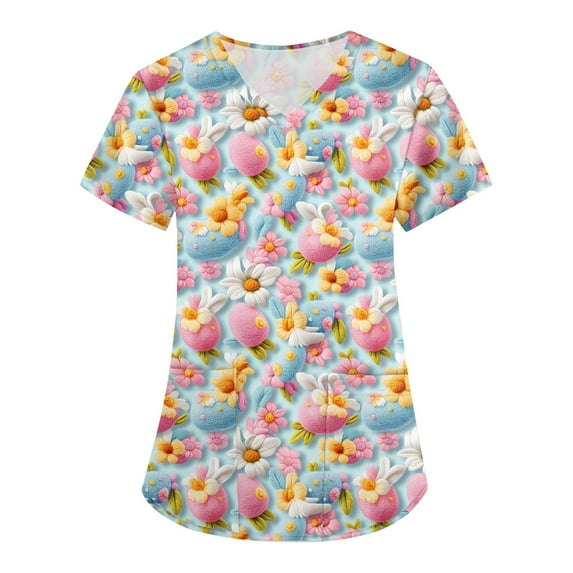 Nurse Uniforms Women,Womens Scrub Tops - Short Sleeve V-Neck Easter Printed Scrub Top Women Uniform Shirts with Side Pockets,Pink,XXL