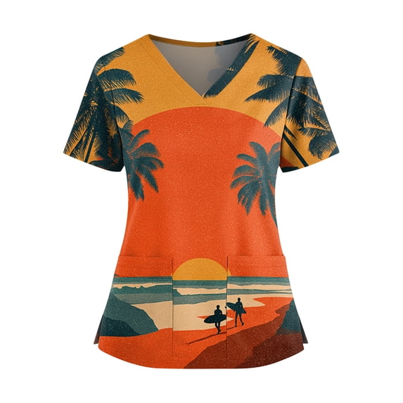 Nurse Uniforms for Women Hawaiian Short Sleeve Medical Scrub Top V-Neck Tropical Palm Tree Print Beach Tshirts Working Uniform