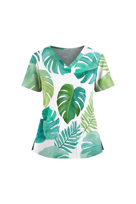 Nurse Uniforms for Women Hawaiian Short Sleeve Medical Scrub Top V-Neck Tropical Palm Tree Print Beach Tshirts Working Uniform