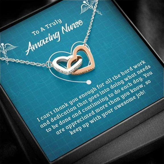 Nurse Week, Interlocking Hearts Nurse Appreciation Necklace Gift / Blue Gift Necklace for Nurse Graduation, Practitioner, Retirement LPN, RN, Necklace With Meaningful Message Card Inside