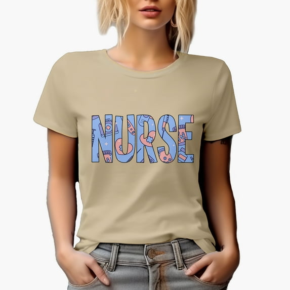 Nurse Word Art, Tan T-Shirt, XL