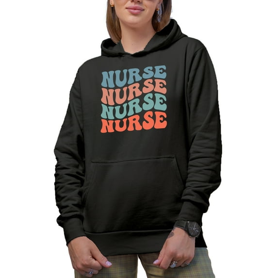 Nurse Word, Medical Profession or Nursing Themed, Groovy Retro Wavy Text Merch Gift, Black Hooded Sweatshirt or Hoodie, Medium