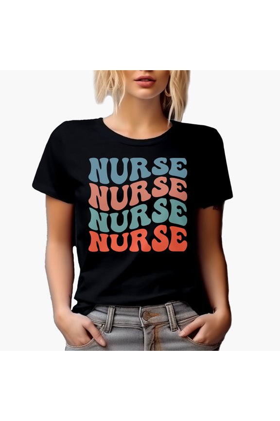 Nurse Word, Medical Profession or Nursing Themed, Groovy Retro Wavy Text Merch Gift, Black T-Shirt, Small