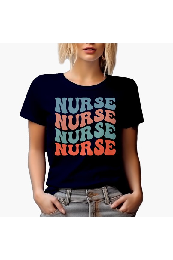 Nurse Word, Medical Profession or Nursing Themed, Groovy Retro Wavy Text Merch Gift, Navy Blue T-Shirt, Small