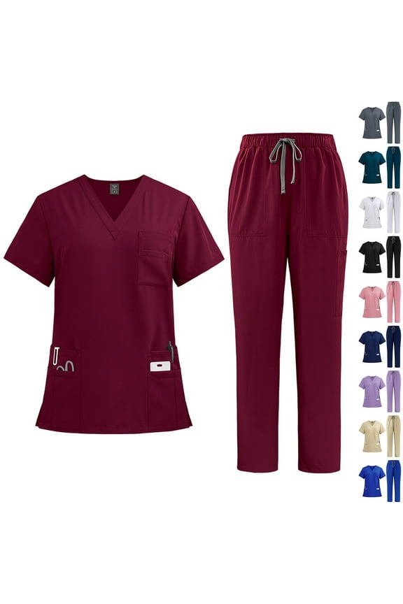 Nurse Work Uniform Set - Moisture-Wicking Scrubs Top & Bottom with Multiple Pockets, Professional & Comfortable for Healthcare Wine L