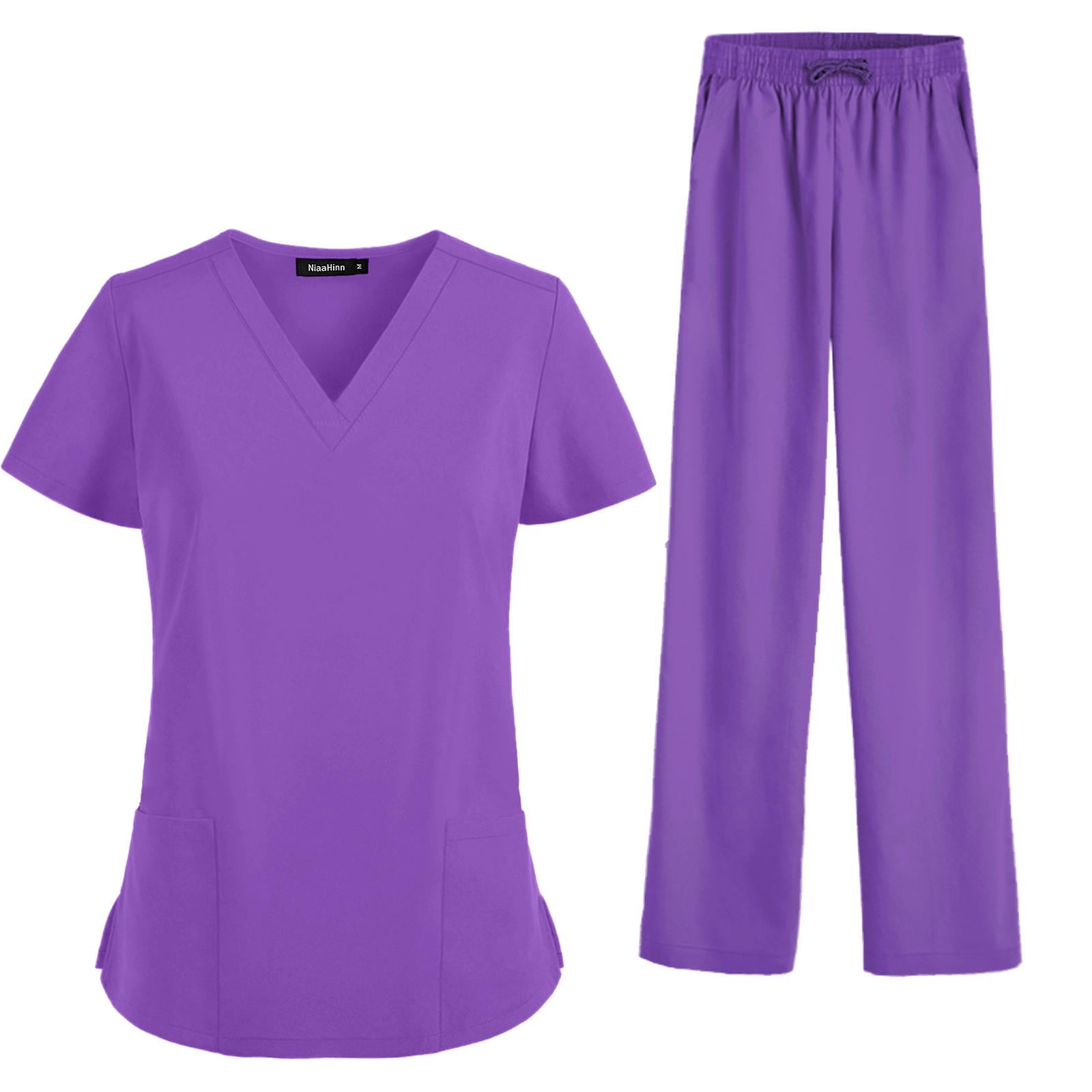 Nurse Work Uniforms Workwear Women Men Scrubs Set, Soft Multi Pockets Short Sleeves V Neckline