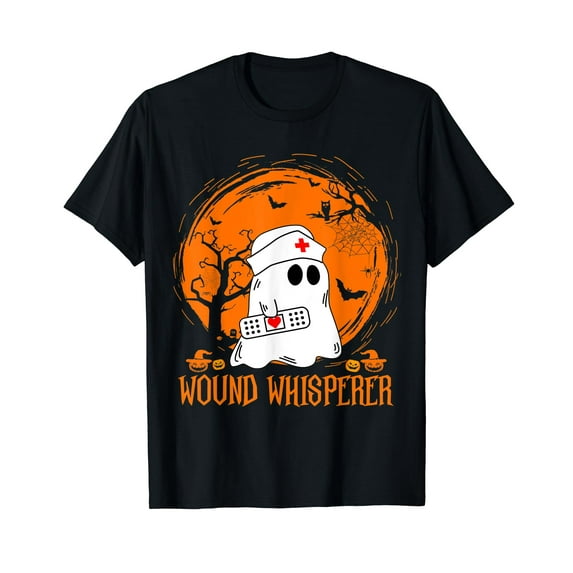 Nurse Wound Whisperer Pumpkin Moon Ghost Halloween Black T-Shirt