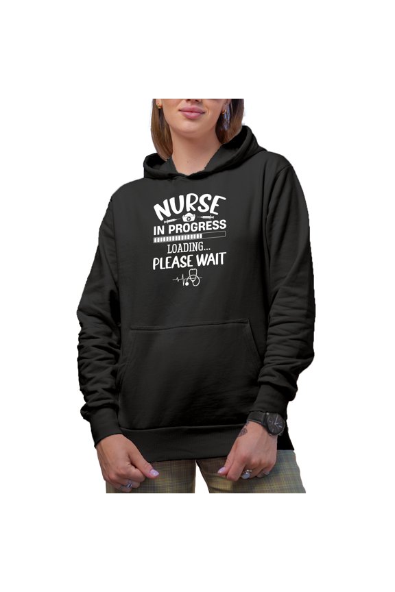 Nurse in Progress, Loading - Nursing Graduation or Graduate Quote, Black Hooded Sweatshirt or Hoodie, Small