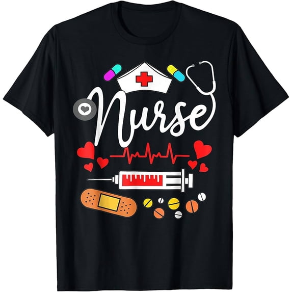 Nurse's Day Nurse Life 2025 T-Shirt with Colorful Medical Graphics and Heartbeat Design